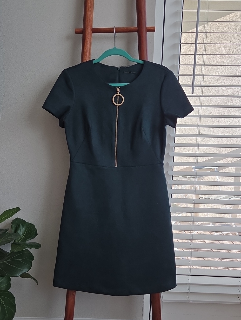 Calvin Klein Green Short-Sleeve Mini Dress with Gold Ring Zip